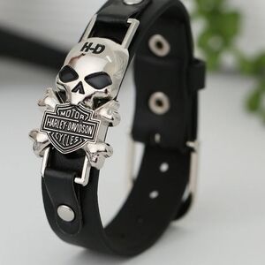 Harley-Davidson Silver Skull Black Leather Bracelet